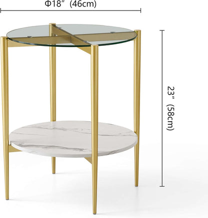 Round Glass End Table, Mid-Century Modern Design Sofa Table for Living Room, D18 x H23 in, 2-Tier