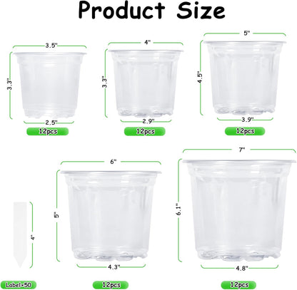 60 Pack 3.5/4/5/6/7 Inch Clear Nursery Pots with Drainage Hole,Variety Sizes Seed Starting Pots