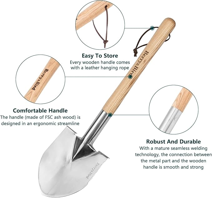 Berry&Bird Short Hand Shovel, 19.8’’ Digging Trowel for Gardening with Wood Handle Stainless Steel