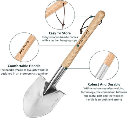 Berry&Bird Short Hand Shovel, 19.8’’ Digging Trowel for Gardening with Wood Handle Stainless Steel