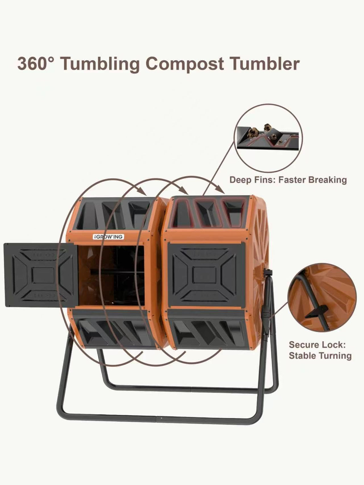 THE Growing 53 Gallon Large Outdoor Compost Bin Tumbler Barrel, Orange