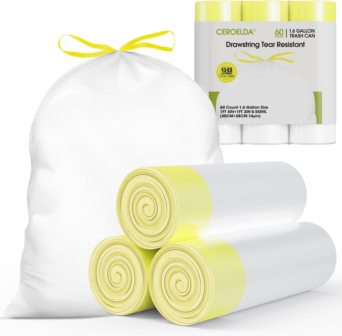 CEROELDA 1.6 Gallon Small Trash Bags, 60 Count Mini Drawstring Garbage Bags Unscented fit 4.5-8