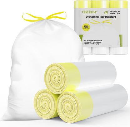 CEROELDA 1.6 Gallon Small Trash Bags, 60 Count Mini Drawstring Garbage Bags Unscented fit 4.5-8