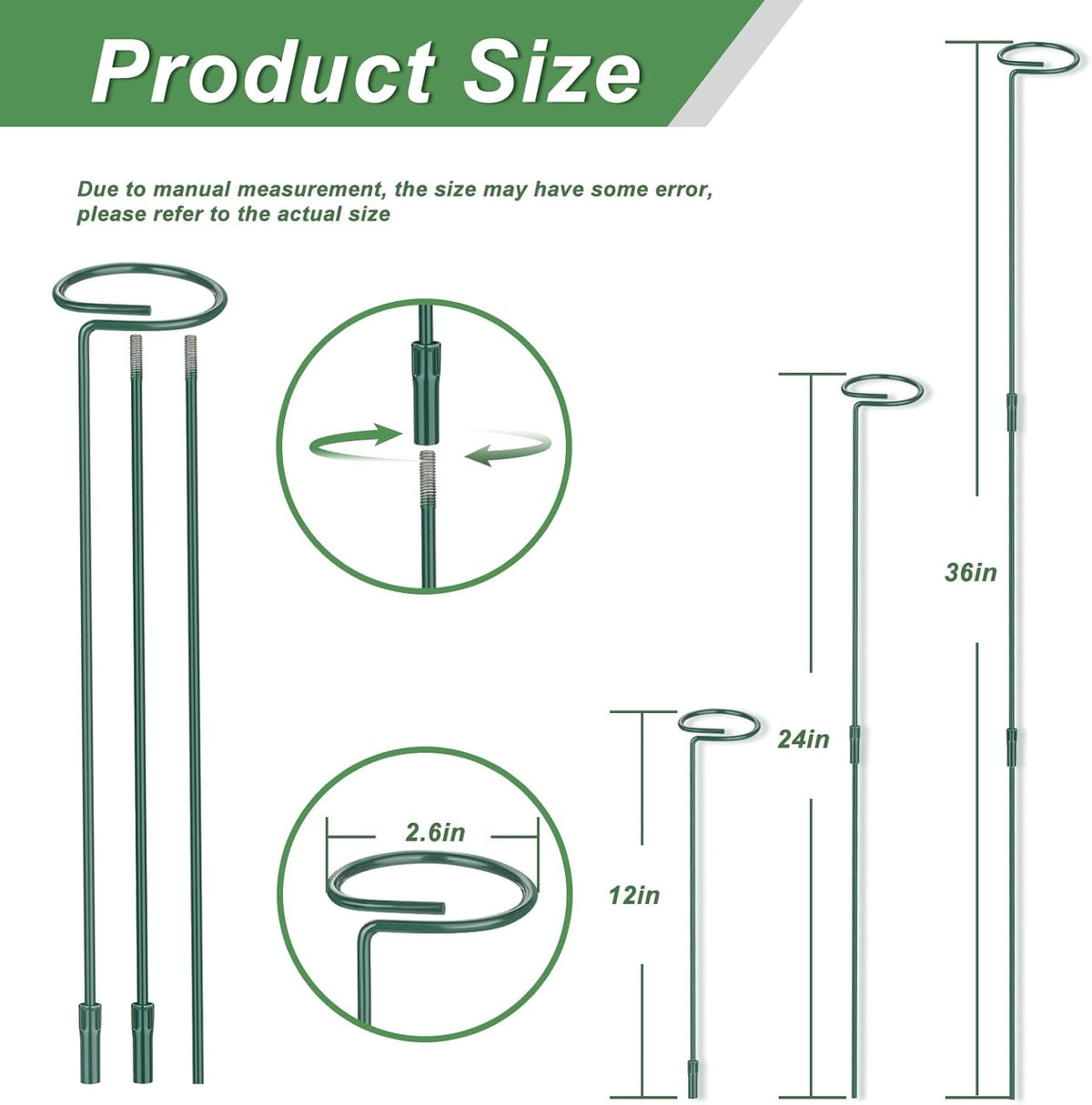 6 Pack (DIY) Plant Support Stakes, Three Sizes (12 or 24 or 36 inch) Plant Support Rings for