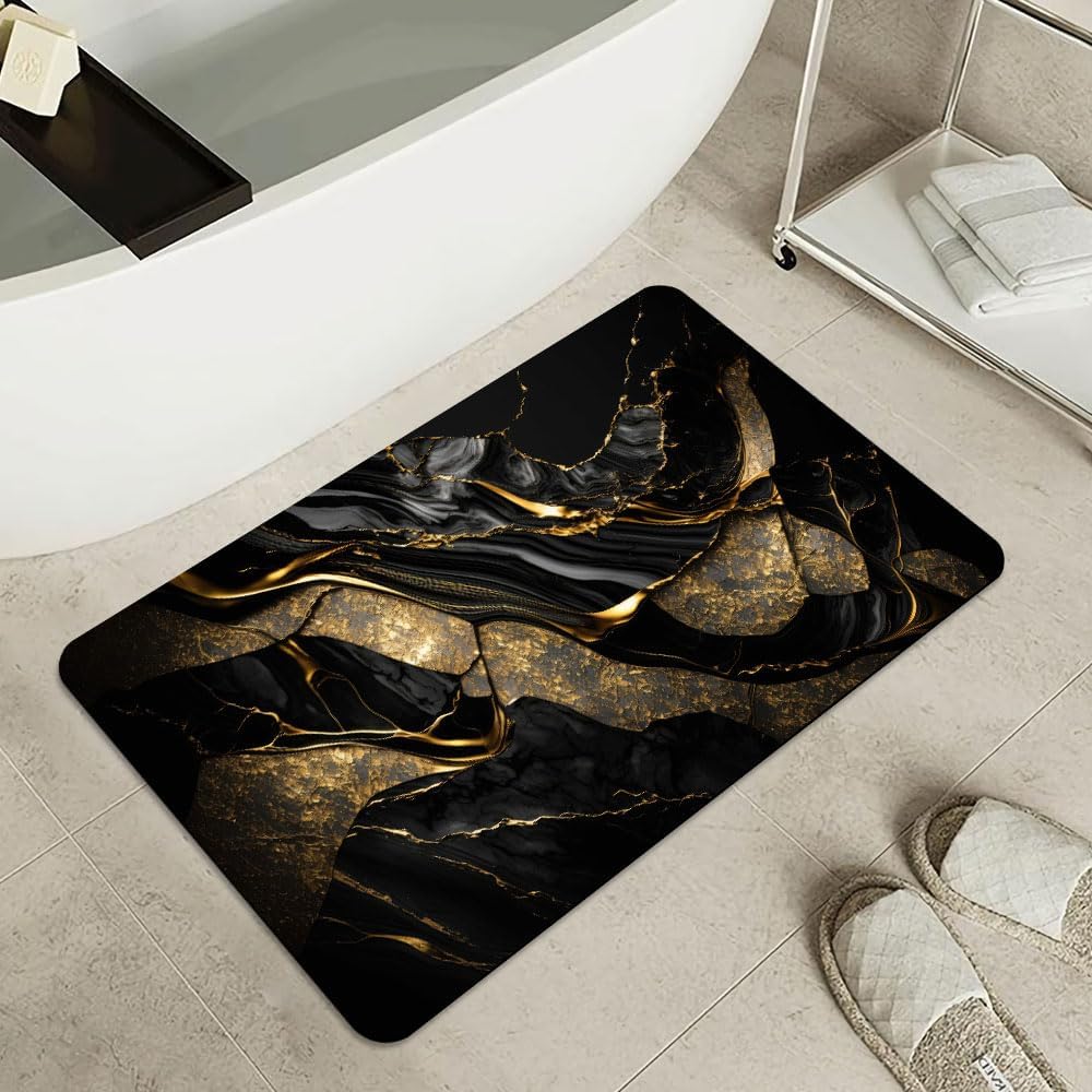 Bath Mat-Bathroom Rug，Black and Metallic Gold Marble-Absorbent Non Slip Quick Dry Stain Resistant