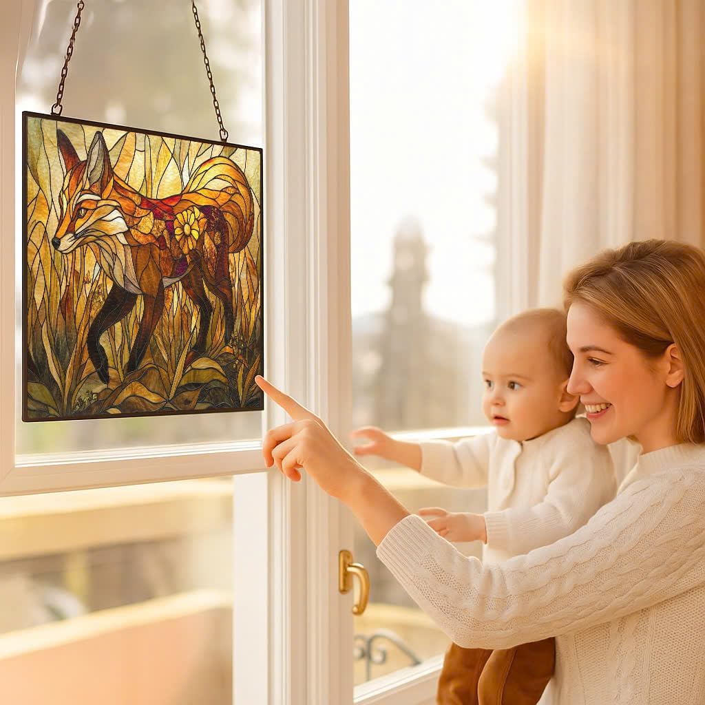 Personalized Rectangle Art Nouveau Golden Grass Fox Stained Glass Window Hangings, Handcrafted
