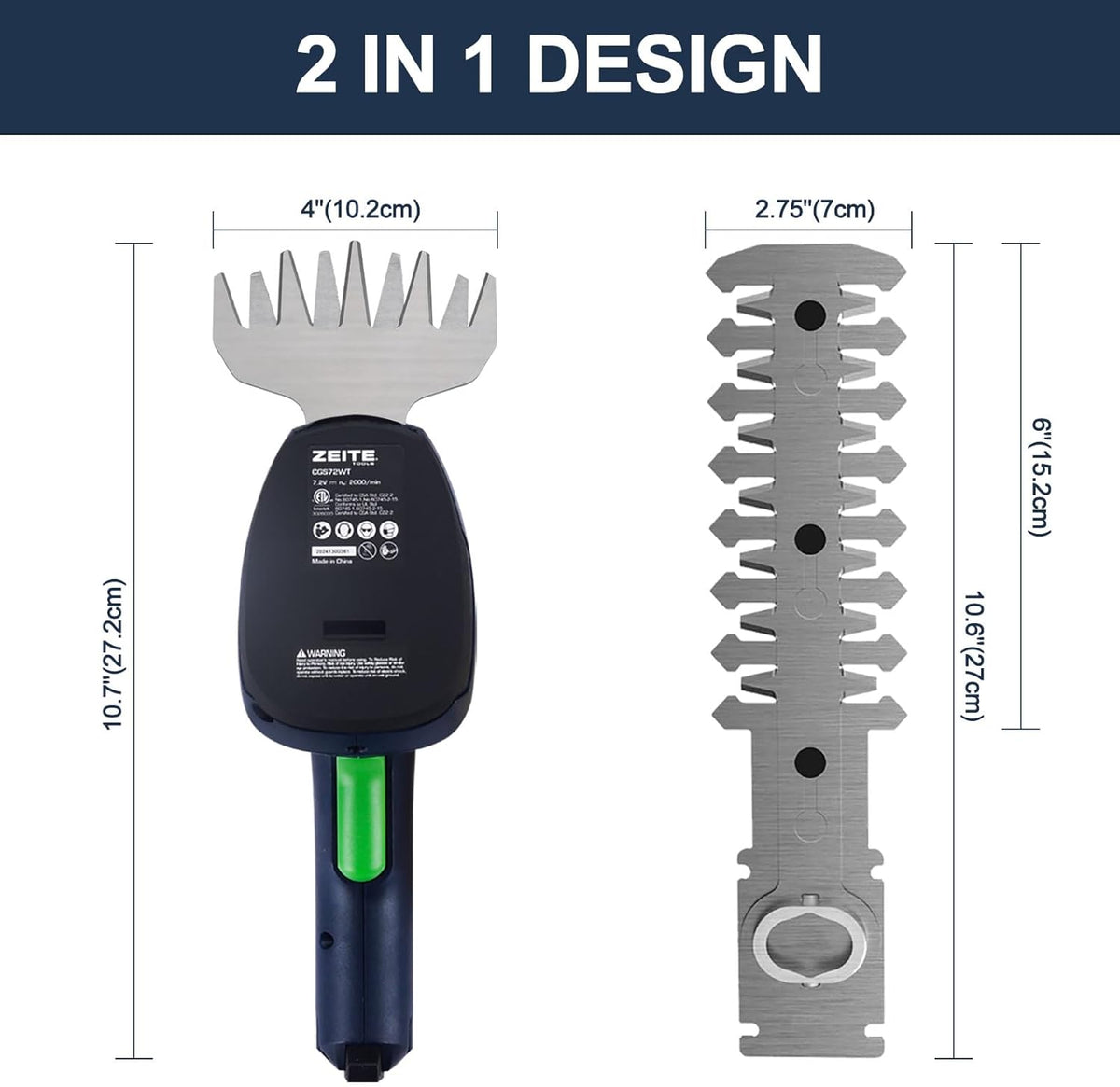 ZEITE 7.2V Grass Shear & Shrubbery Trimmer, 2-in-1 Cordless Grass Cutter and Mini Hedge Trimmer