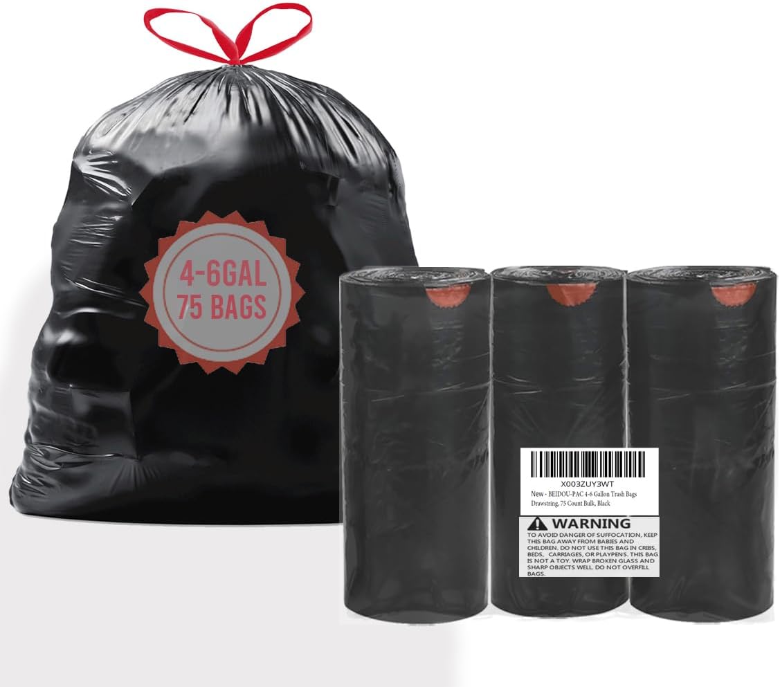 4-6 Gallon Trash Bags Drawstring, 75 Count Bulk, Black & Unscented Multi-purpose Garbage Bags for