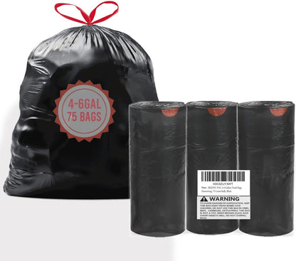 4-6 Gallon Trash Bags Drawstring, 75 Count Bulk, Black & Unscented Multi-purpose Garbage Bags for