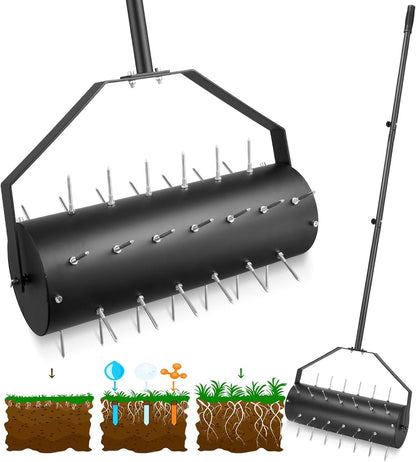 18-inch Rolling Lawn Aerator Tool, 50"-70" Handle Heavy Duty Spike Aerator with Sandbag, 40 Iron