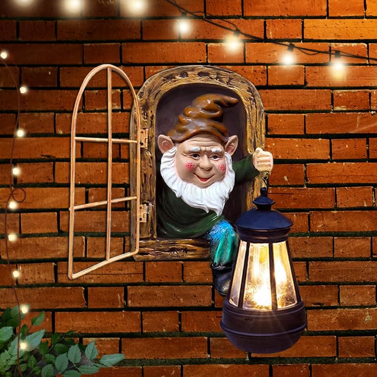 Fairy Garden Statues Gnomes Solar Lantern - Halloween Elf Out The Door Tree Hugger Figurines Fence