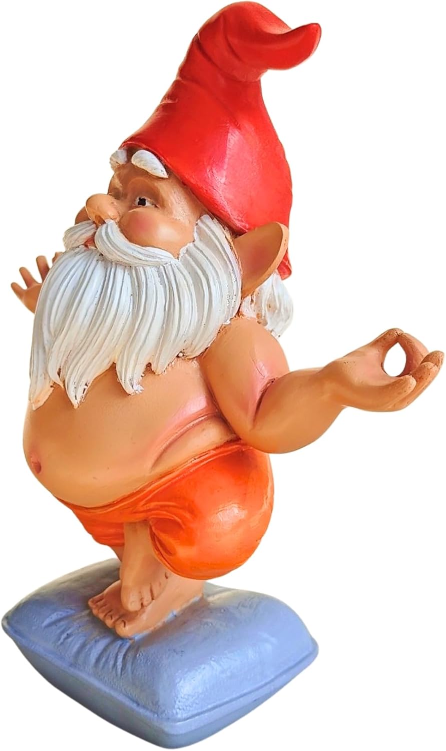 Zen Yoga Gnome Statue – Handcrafted Resin Meditation Gnome on Pillow, Tree Pose, Relaxed Expression