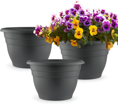 3 Pack 11 Inch Plant Pots with Drainage Hole and Plug, Durable Plastic Flower Pots for Indoor &