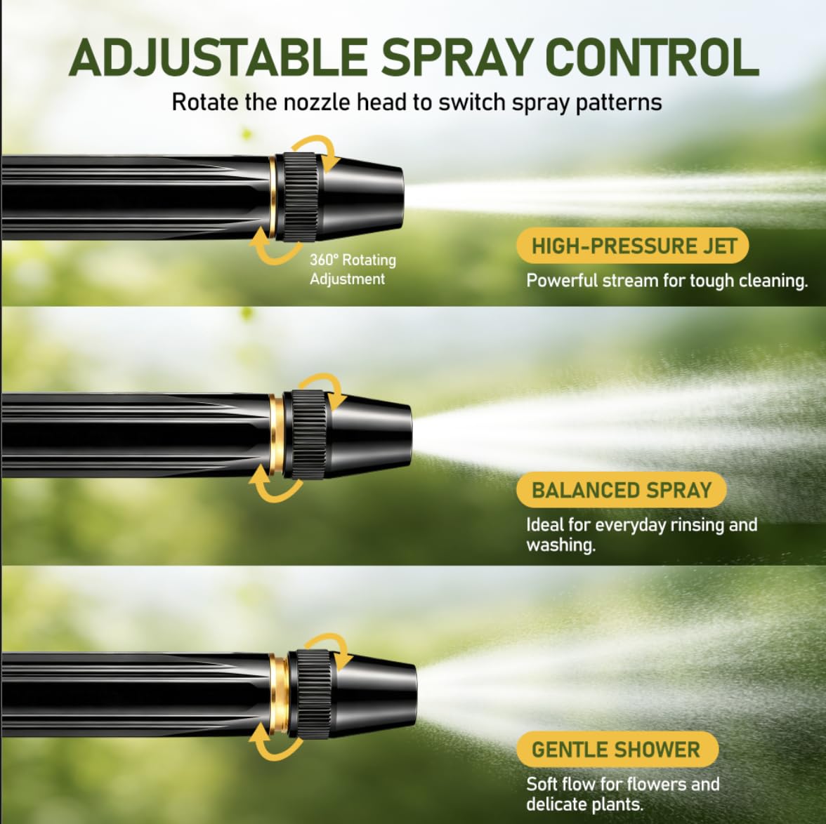 High Pressure Hose Nozzle Metal Fits US Garden Hoses with 3 Spray Modes