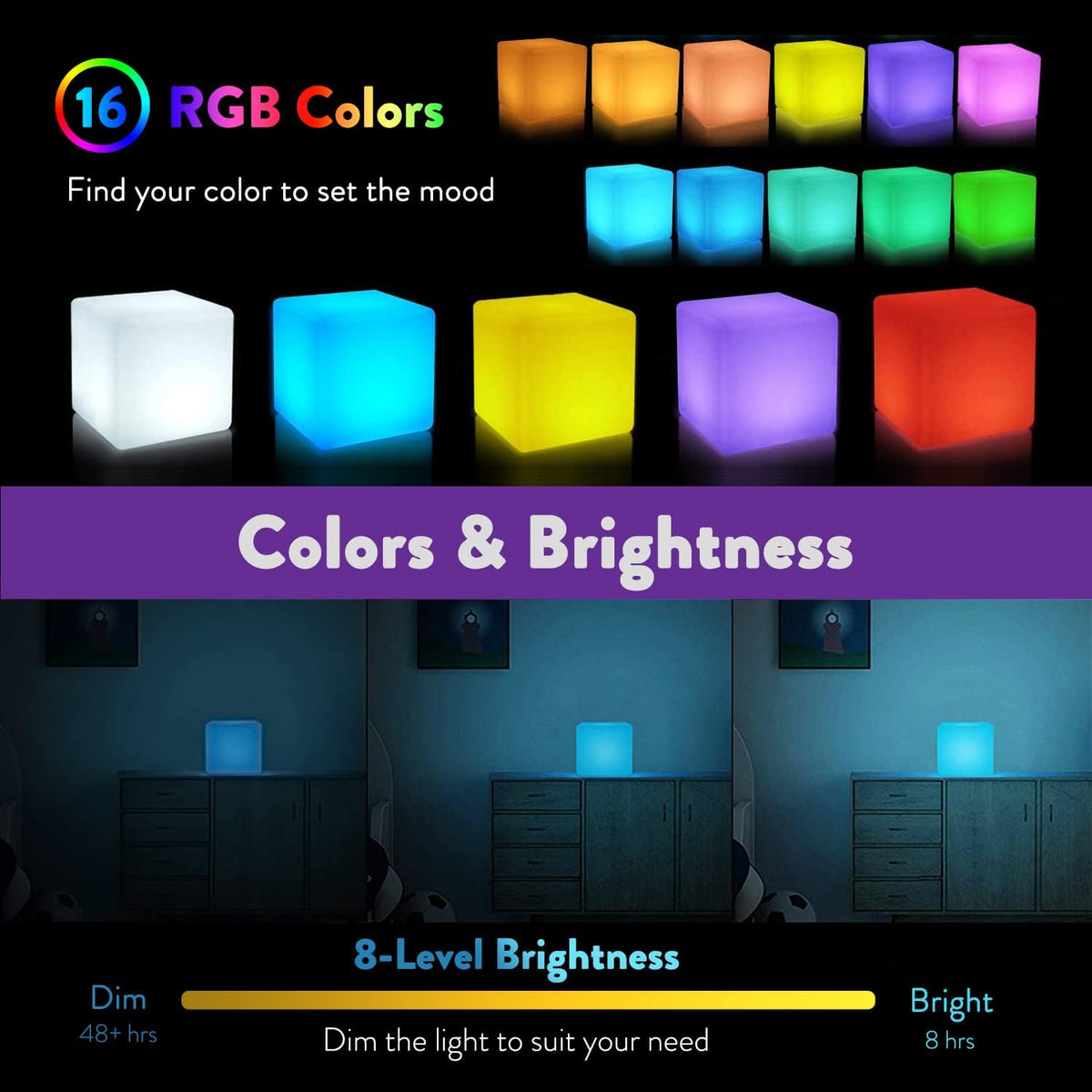 Mr.Go Rechargeable LED Color-Changing Light Cube 8", Dimmable Soothing Mood Lamp with Remote, 16