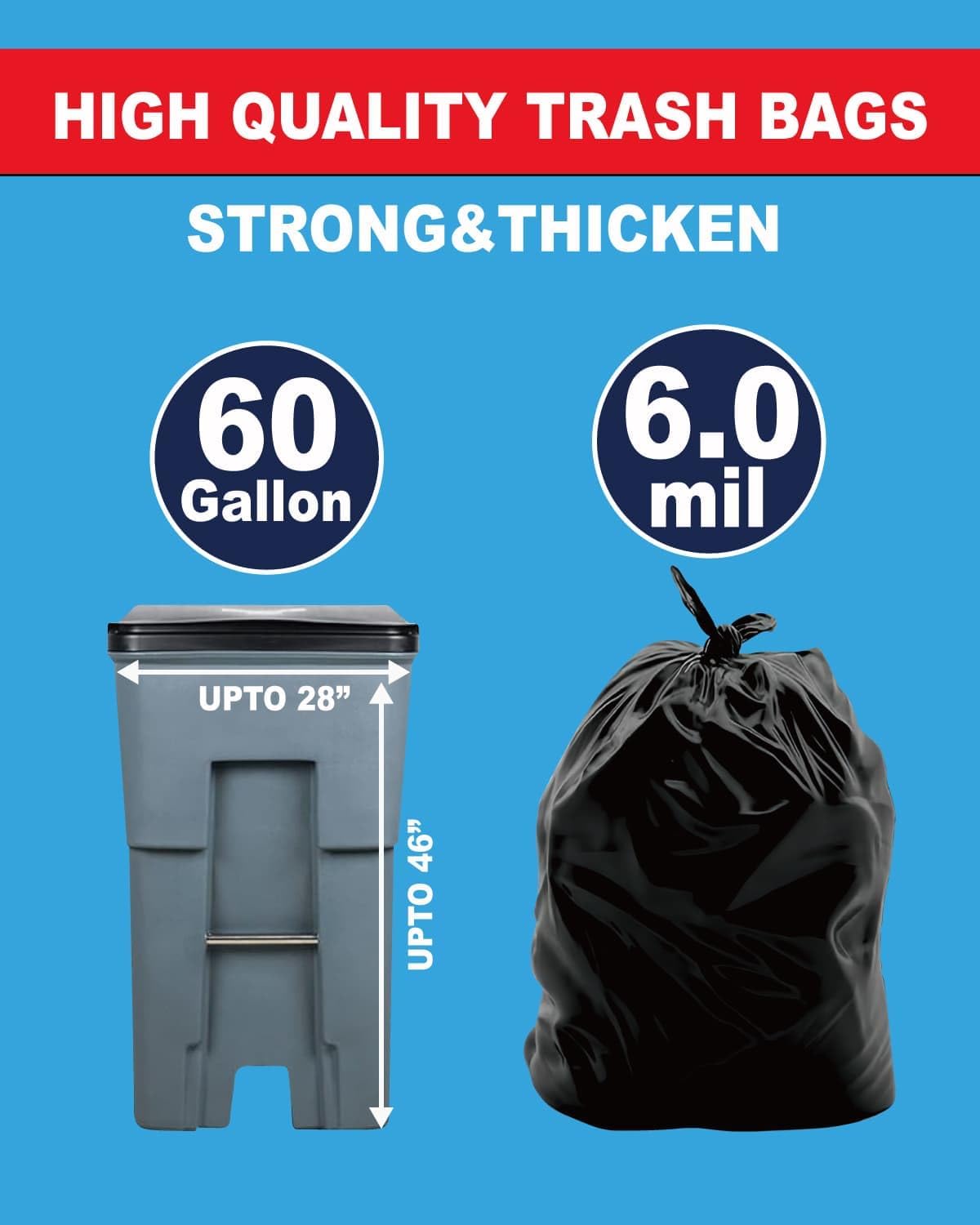 6 Mil Heavy Duty Contractor Trash Bags - 20 Pack Large Clear Construction Garbage Bags for 50/55/60