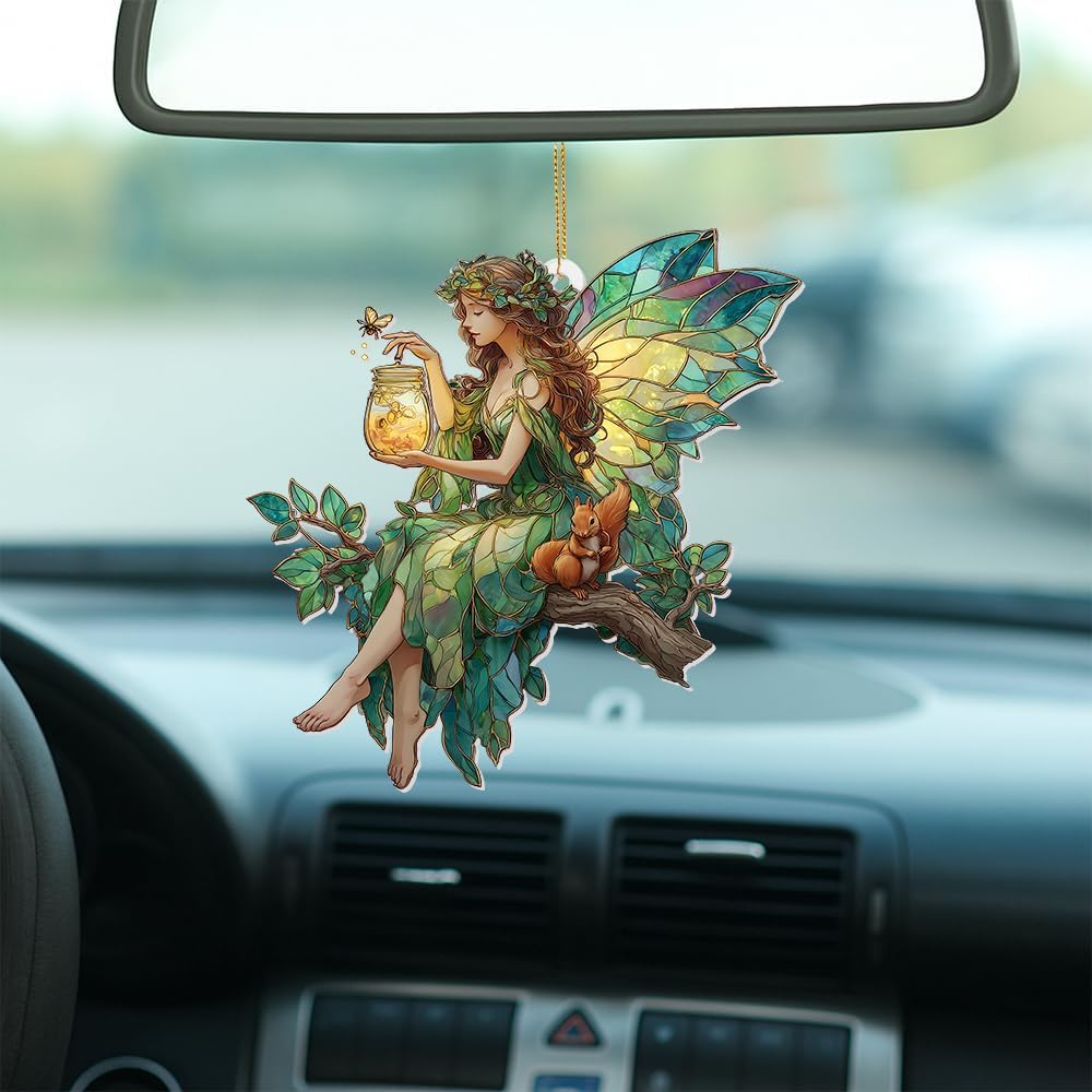 Fairy Stained Glass Acrylic Ornament – Enchanted Forest Fairy with Squirrel, Hanging Window Sun
