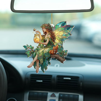 Fairy Stained Glass Acrylic Ornament – Enchanted Forest Fairy with Squirrel, Hanging Window Sun