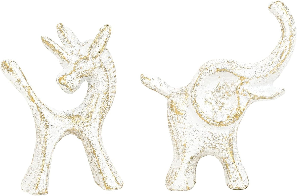 Sungmor Set of 2 Cast Iron Elephant & Unicorn Figurines - Rustic White Animal Sculptures for Shelf