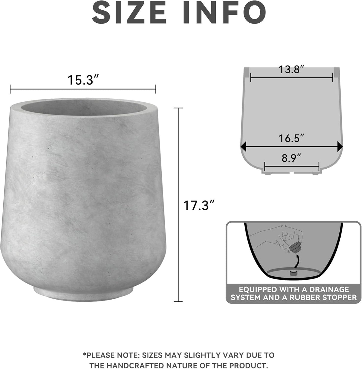 Kante 15.3" Dia Round Concrete Planter, Outdoor Indoor Large Plant Pots Containers with Drainage