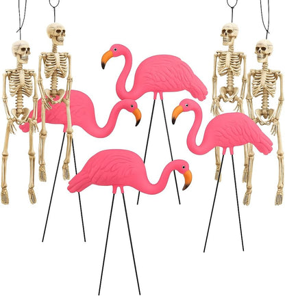 GIFTEXPRESS 8‑Piece Halloween Yard Decorations – 4 Posable 16 inch Skeletons + 4 Pink Flamingo Lawn