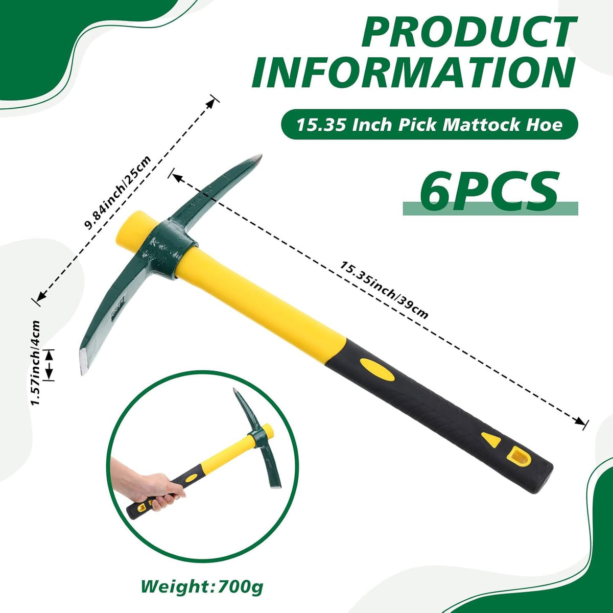 Lothee 6 PCS Pick Mattock Hoe 15 Inch Heavy Duty 1.5Lbs Forged Garden Pick Axe with Rubber Non-Slip