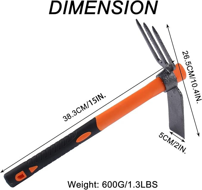 3 Sprongs Dual Head Rake Hoe with Heavy Duty Forged Adze and Ergonomic Non-Slip Handle for