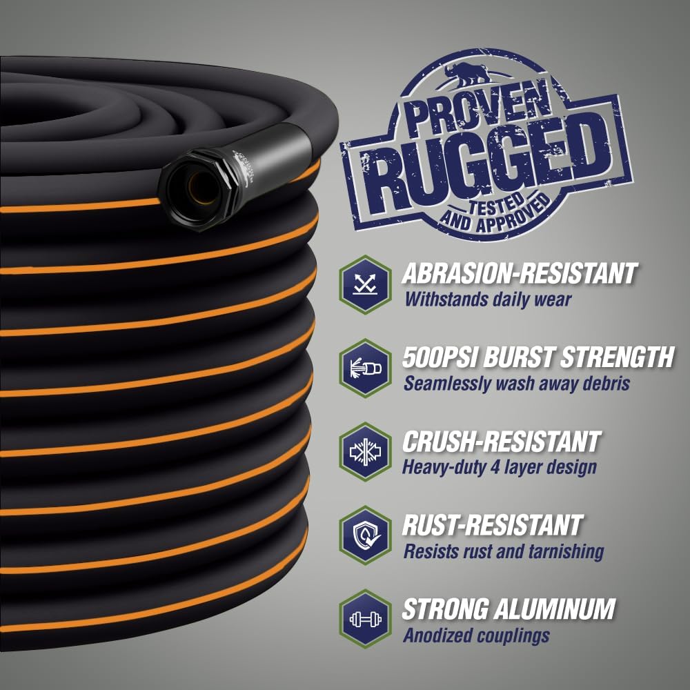 Rugged Rhino Heavy Duty Flexible Light Weight Garden Hose, 75ft x 5/8in, 4 Layer Leakproof Outdoor