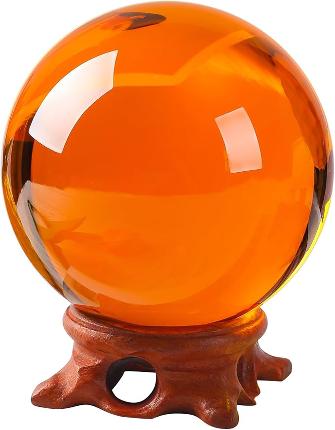 Small Amber Crystal Ball 60mm/2.3 inch with Rose Wooden Stand and Gift Box for lensball