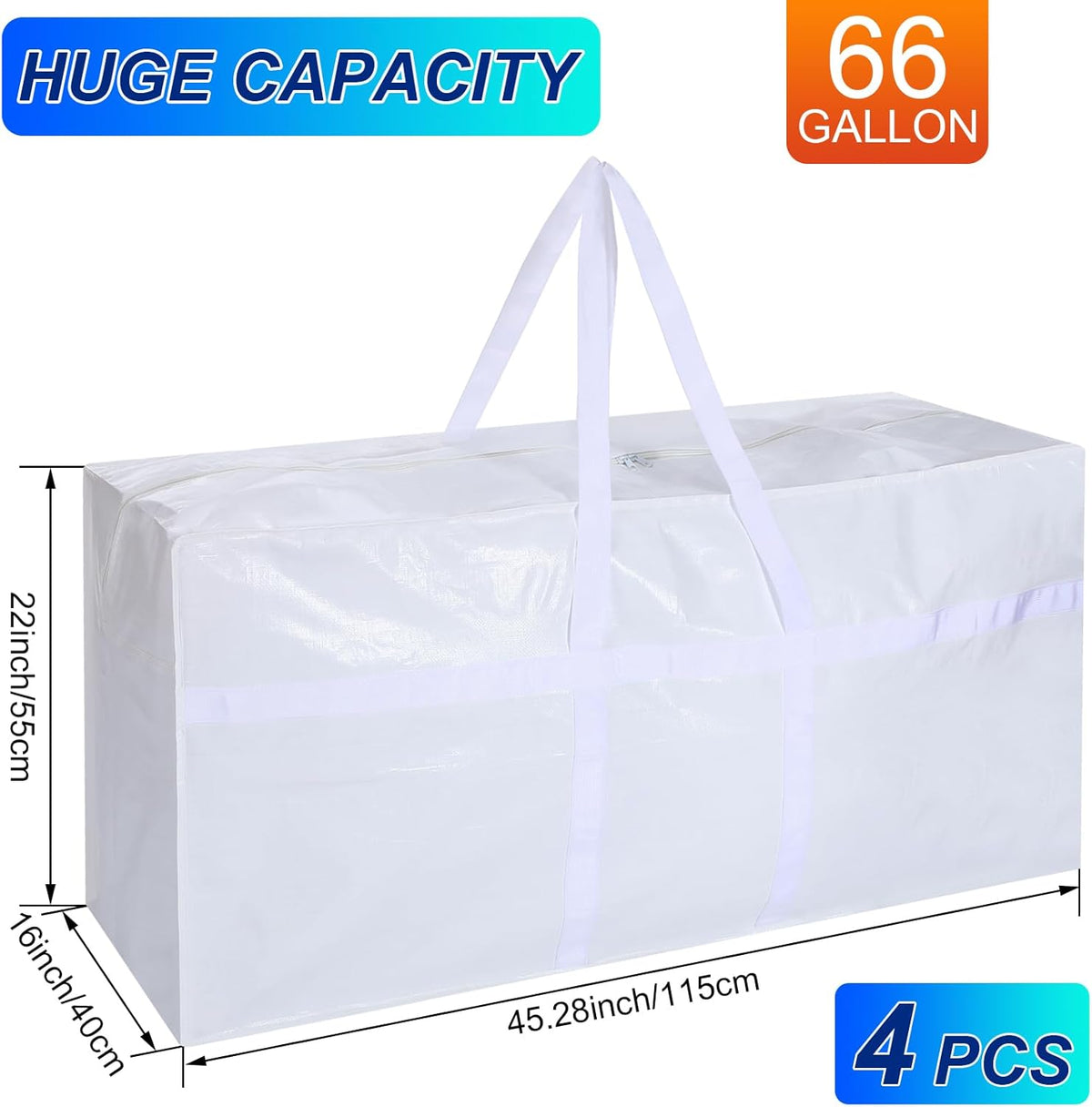 4 Pcs 66 Gallon Large Moving Bags with Zipper and Handles Foldable Storage Duffle Bags Heavy Duty