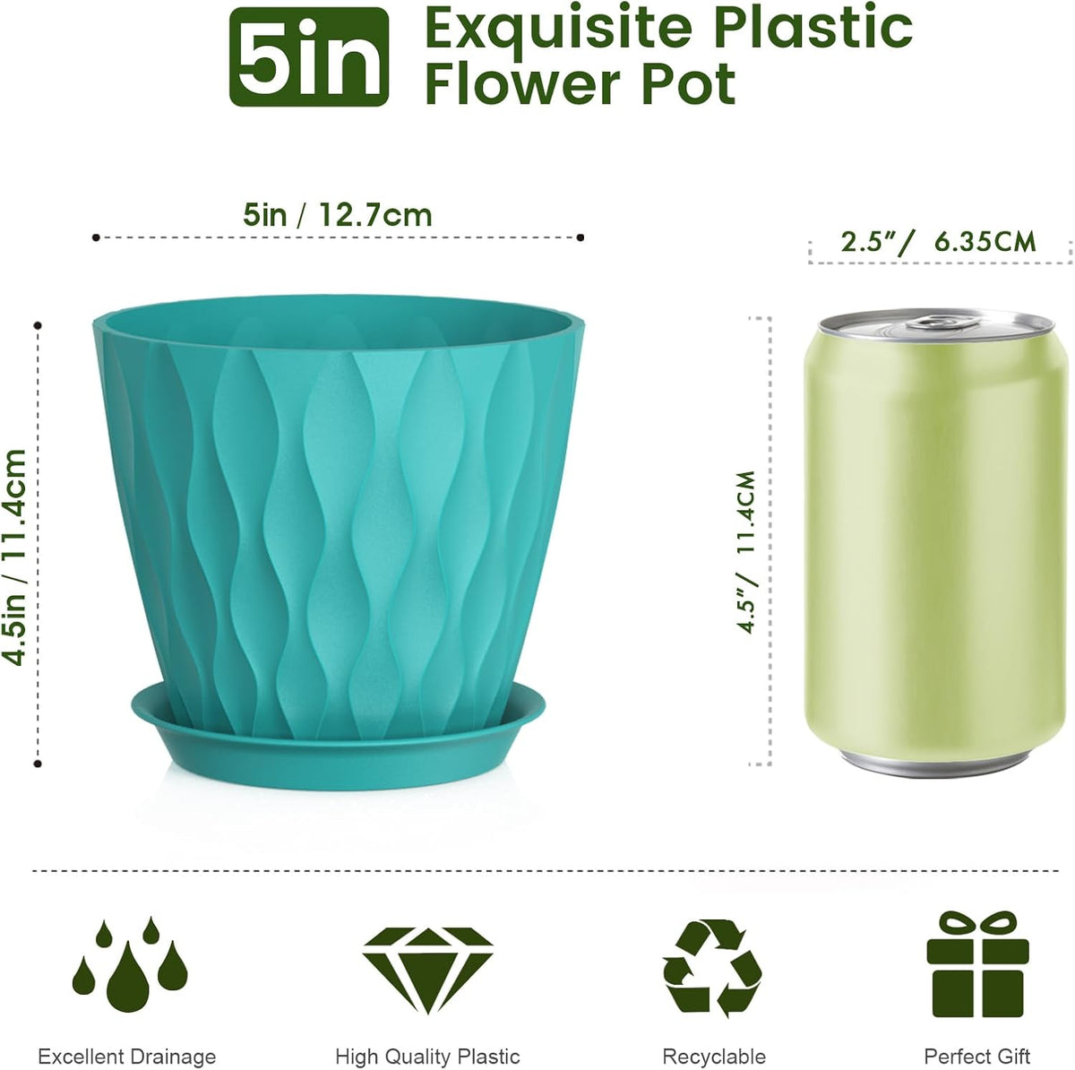 5 inch Plant Pots for Indoor Outdoor Plants, 6 Pack Flower Pots with Drainage Holes and Saucers, 3D