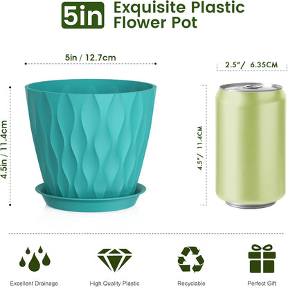 5 inch Plant Pots for Indoor Outdoor Plants, 6 Pack Flower Pots with Drainage Holes and Saucers, 3D