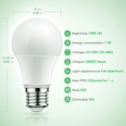 Briignite Full Spectrum LED Grow Light Bulb - A19 E26 Base, 11W (100W Equivalent) - for Indoor