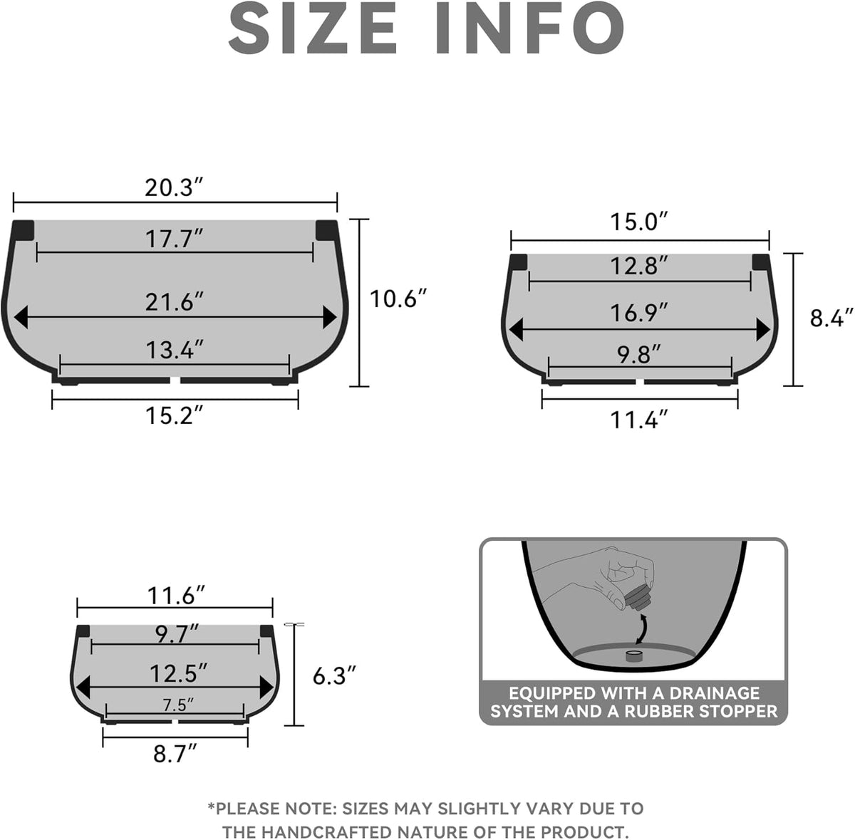 Kante 21.6",16.9",and 12.5" Dia Round Charcoal Elegant Planters (Set of 3), Outdoor Indoor Garden