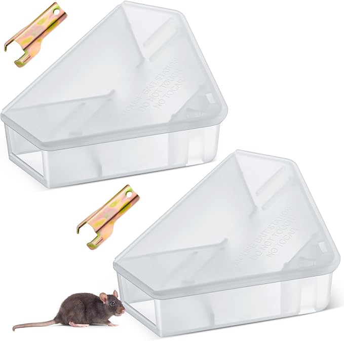 Qualirey 2 Pcs Mice Station with Key Triangle Bait Station Reusable Rodent Trap Bait Box, Keeps