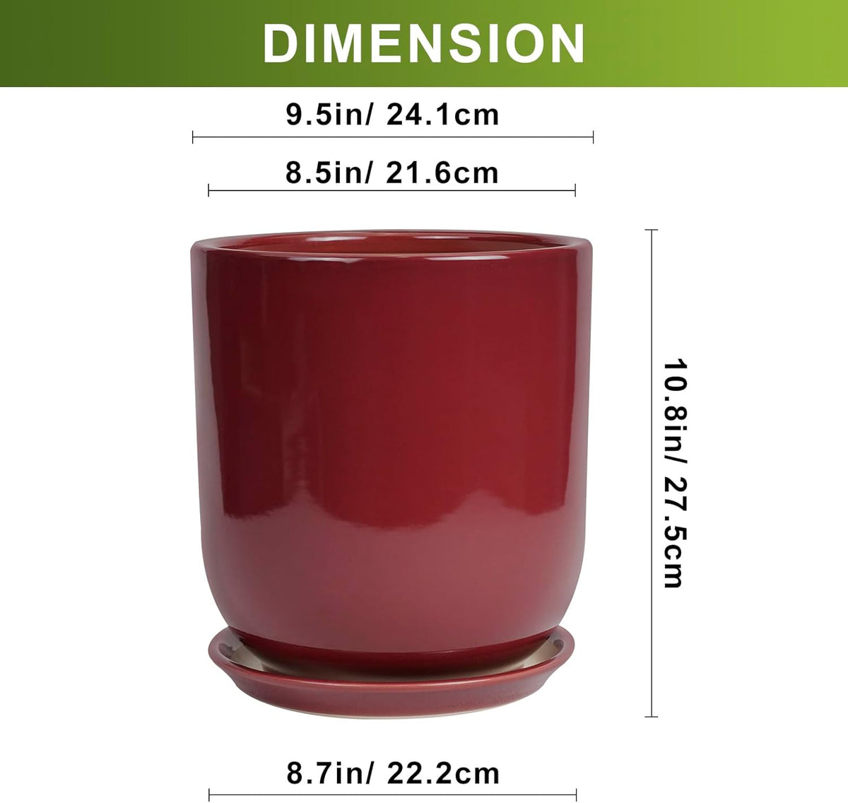 Ceramic Planter for Plants - 10 Inch Plant Pot Indoor with Drainage Hole and Saucer Modern Large