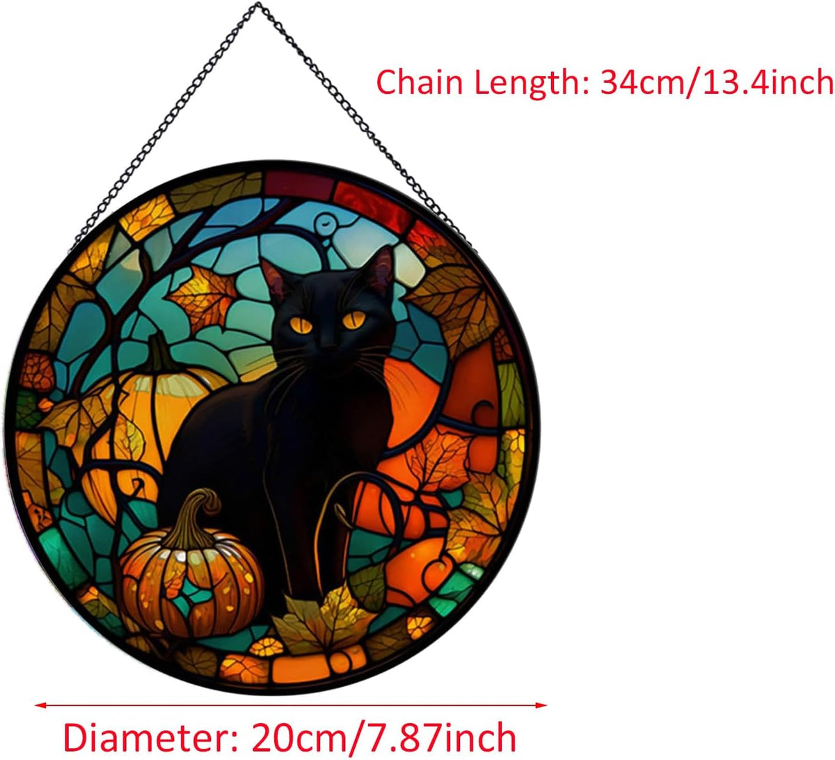 Black Cat Pattern Suncatcher Stained Glass,Hanging Stained Glass for Windows for Cat