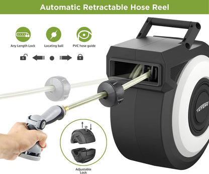Tuyeho Retractable Garden Hose Reel 90 FT, Wall Mount Heavy Duty Water Hose Reels with Automatic
