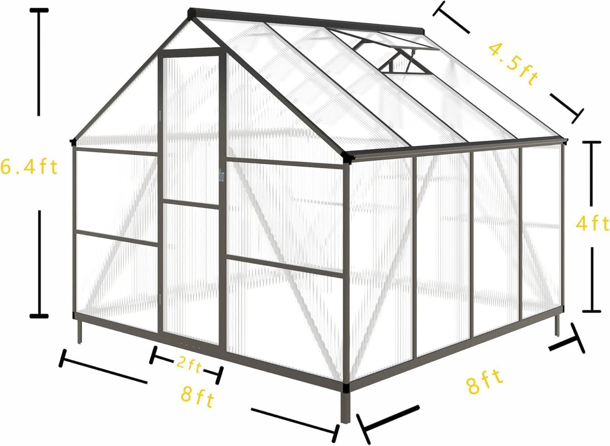 8x8 FT Greenhouse for Outdoors, Polycarbonate Greenhouse with Quick Setup Structure and Roof Vent