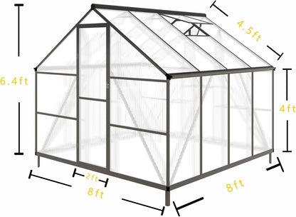 8x8 FT Greenhouse for Outdoors, Polycarbonate Greenhouse with Quick Setup Structure and Roof Vent