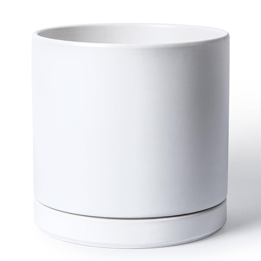 D'vine Dev 12 Inch Ceramic Planter Pot with Drainage Hole and Saucer, Indoor Cylinder Round Planter