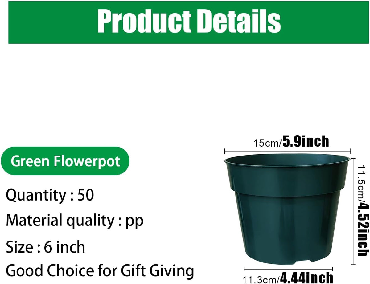 50 Pack 6 Inch Nursery Pots, Planting Grow Plastic Flower Pots, Thick Planters with Drainage Holes