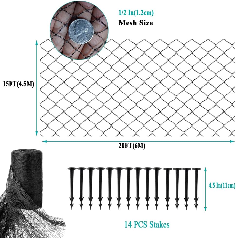 Koi Pond Netting for Leaves 15x20 Ft, 1/2 in Strong Woven Fine Mesh Pond Leaf Net Cover, Protecting