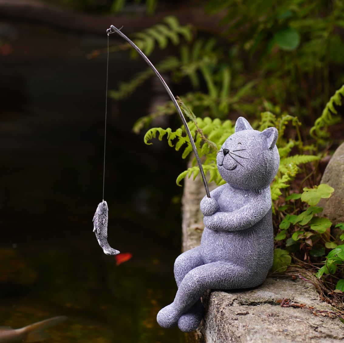 Goodeco Fishing Cat Garden Statue – 10" Little Cat Fisher for Garden Pond Decor, Poolside Statue