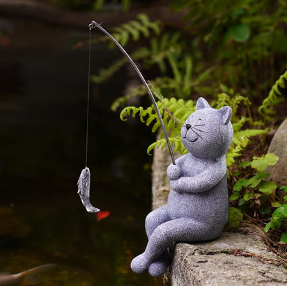 Goodeco Fishing Cat Garden Statue – 10" Little Cat Fisher for Garden Pond Decor, Poolside Statue