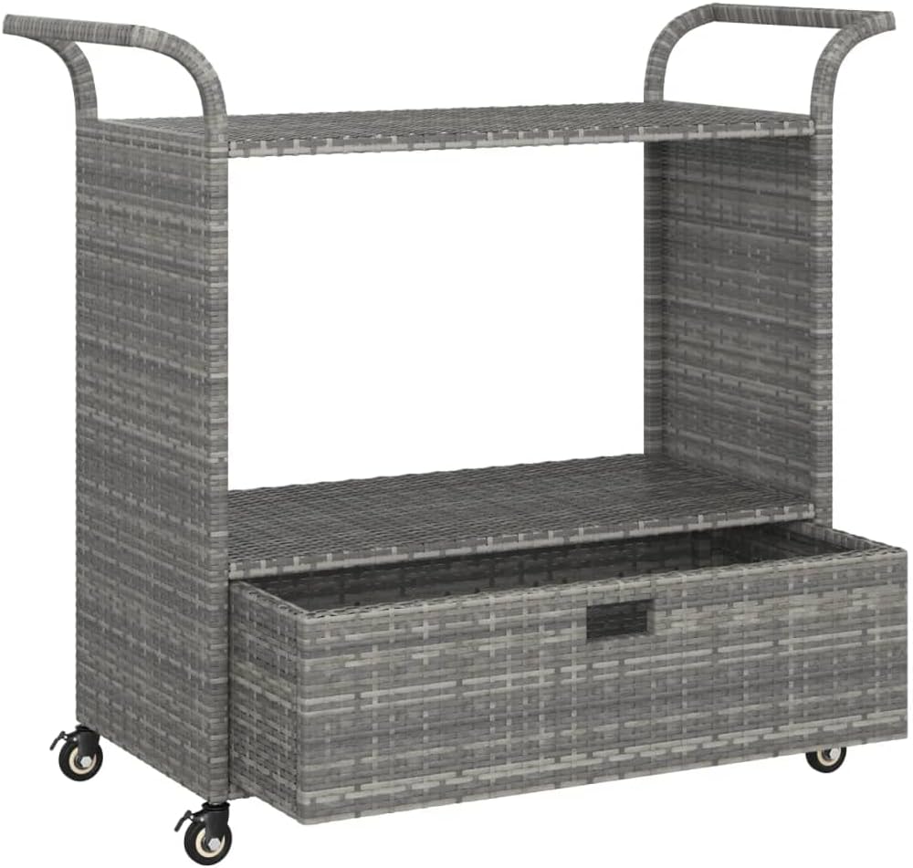 Outdoor Rolling Wicker Bar Cart with Drawer, Portable Bar Cart with Wheels, Patio Kitchen Island