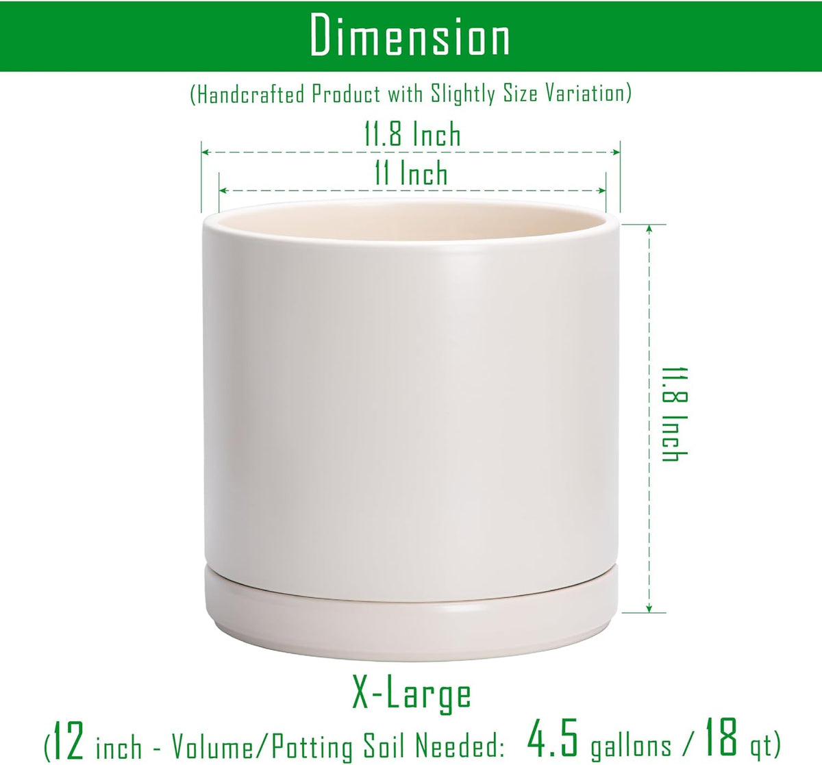 D'vine Dev 12 Inch Ceramic Planter Pot with Drainage Hole and Saucer, Indoor Cylinder Round Planter