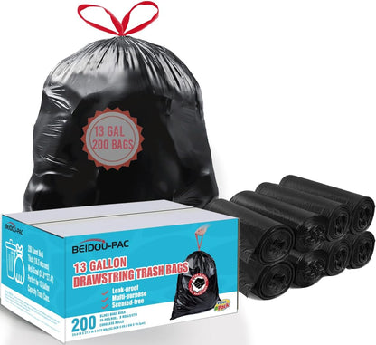 13 Gallon Trash Bags Drawstring, 200 Count Bulk, Black & Unscented Garbage Bags, Multi-purpose Tall