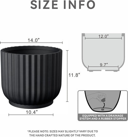Kante Round Fulted Planter, 14 Inch Dia Large Concrete Plant Pots with Drainage Hole and Rubber