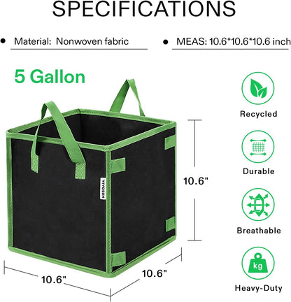 VIVOSUN 5 Pack 5 Gallon Square Grow Bags, Thick Nonwoven Cubic Fabric Pots with Handles for Indoor